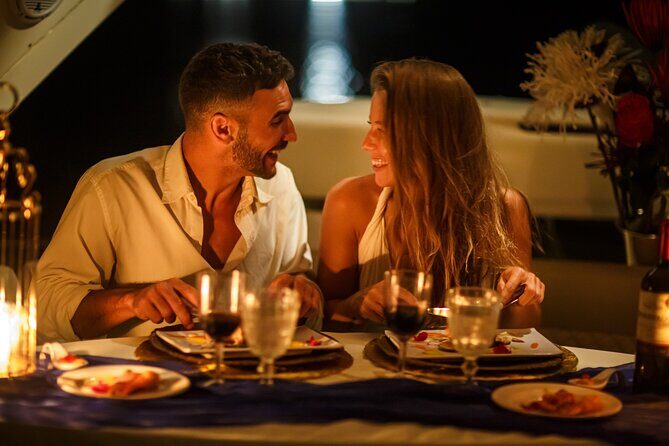 Tulum: Romantic Dinner on 34' Aventura Catamaran – All Inclusive - How the Evening Works: Cruise, Sunset Bay, Dinner, Return